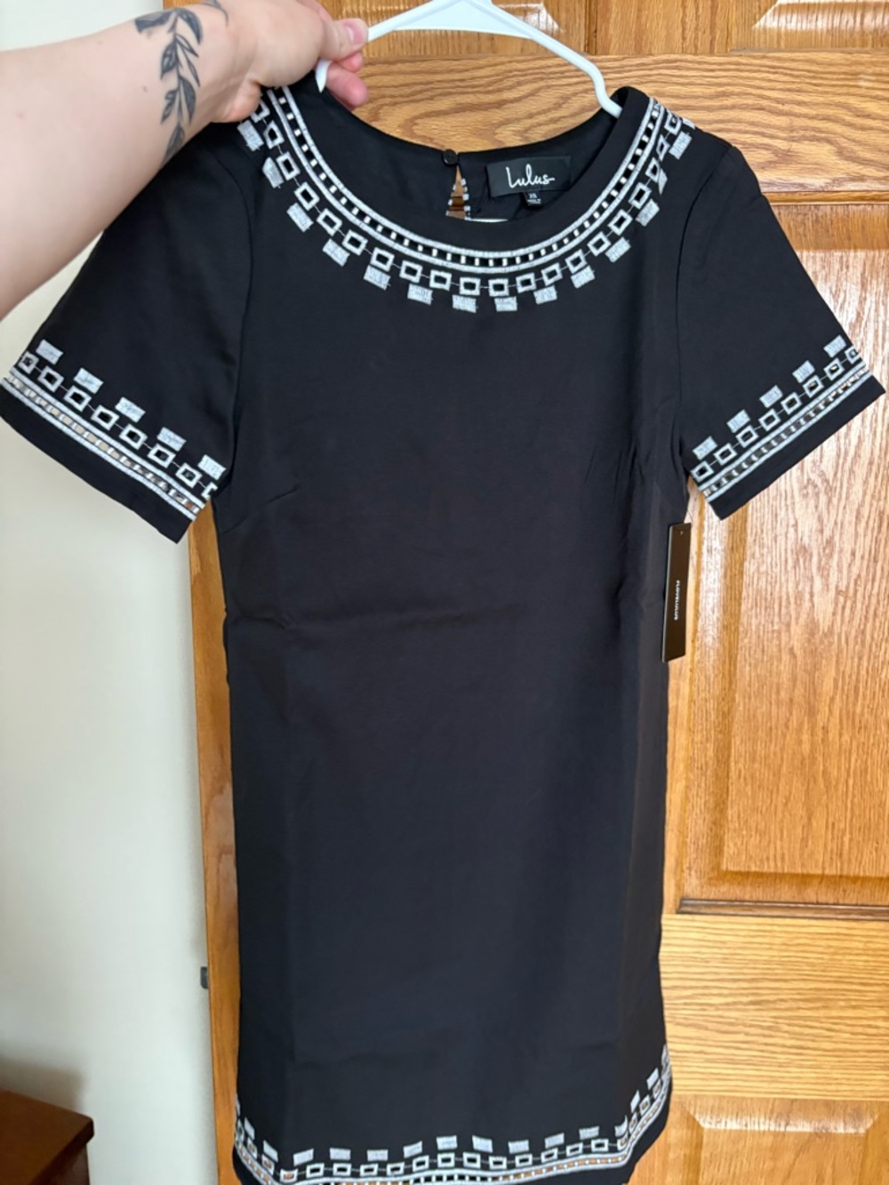 Lulu's Black Shift Dress with White Geometric Embroidery